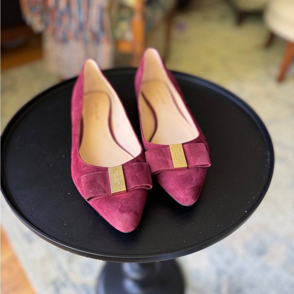 Kate Spade Burgundy Suede Flats with Bow Accent
